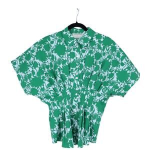 EXQUISE Green Tobie Blouse Short Sleeve Pleated Button Front Women's S